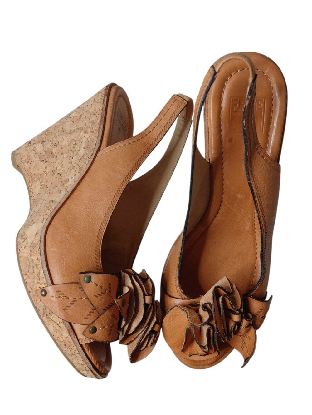 Frye Pepper Leaf Tan Cork Wedge Slingback Sandals Size 9 M